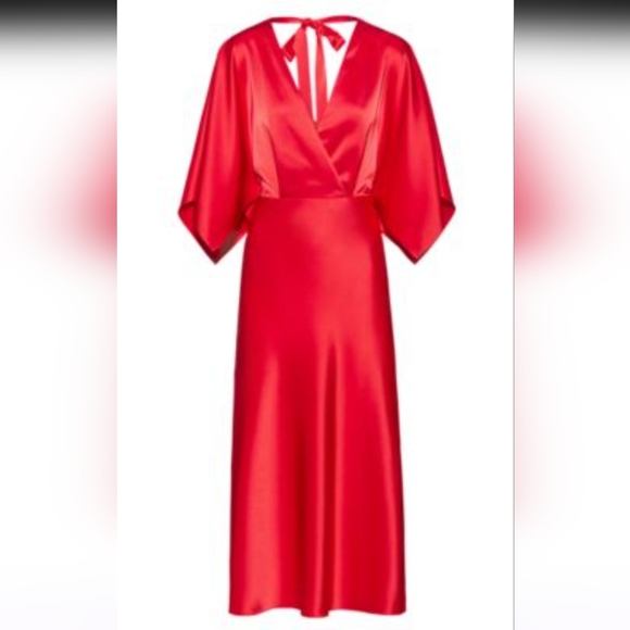 HUGO BOSS Satin V-Neck Dress With Back-Neck Tie Detail, Size 4, Colour: Red - Picture 3 of 6